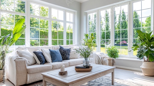 A bright and airy living room with large windows overlooking a lush green garden. The room is furnished with a white sofa  a coffee table  and several plants.