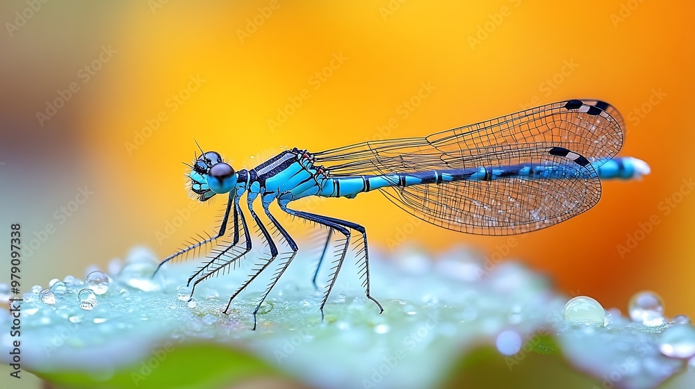 A blue dragonfly perched on a leaf with dewdrops. A blue dragonfly perched on a leaf with dewdrops.