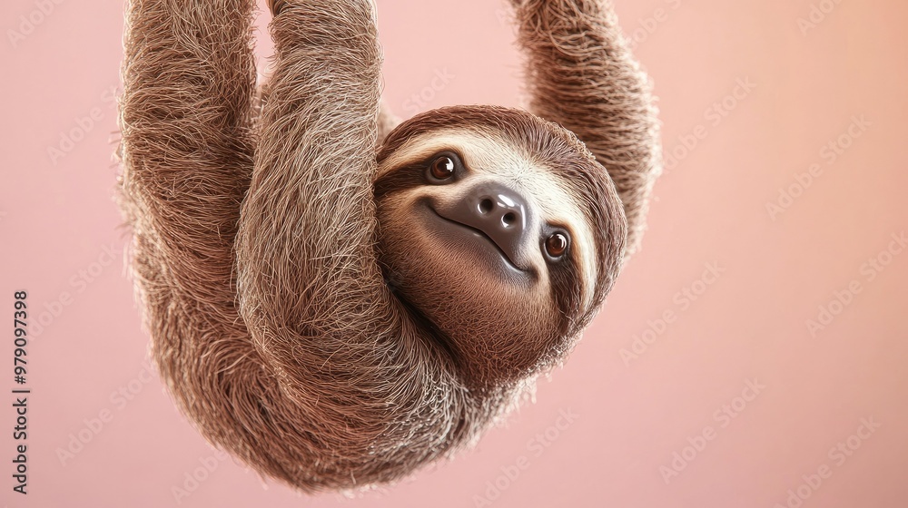 Fototapeta premium A lifelike 3D sloth in its iconic hanging pose, set against a pastel background, representing the gentle, slow-moving creatures in zoos