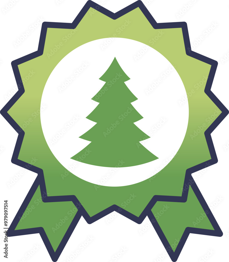Obraz premium Green ribbon badge with a tree symbol in the center, representing eco-friendliness and environmental achievement.