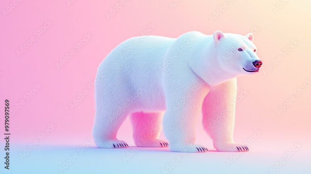 Fototapeta premium A majestic 3D polar bear standing on the right with a soft pastel background, symbolizing the awe-inspiring creatures of the Arctic in a zoo setting