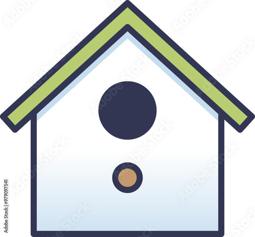 Simple birdhouse front view with a green roof and two circular openings, symbolizing a cozy home for birds.