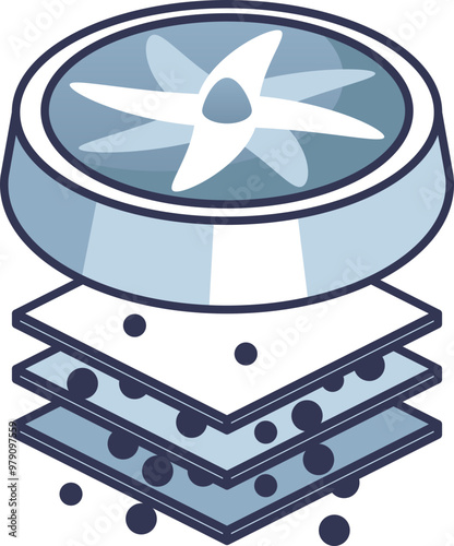 Illustration of a carbon filtration system with a large fan and carbon particles, representing air purification and filtration technology.