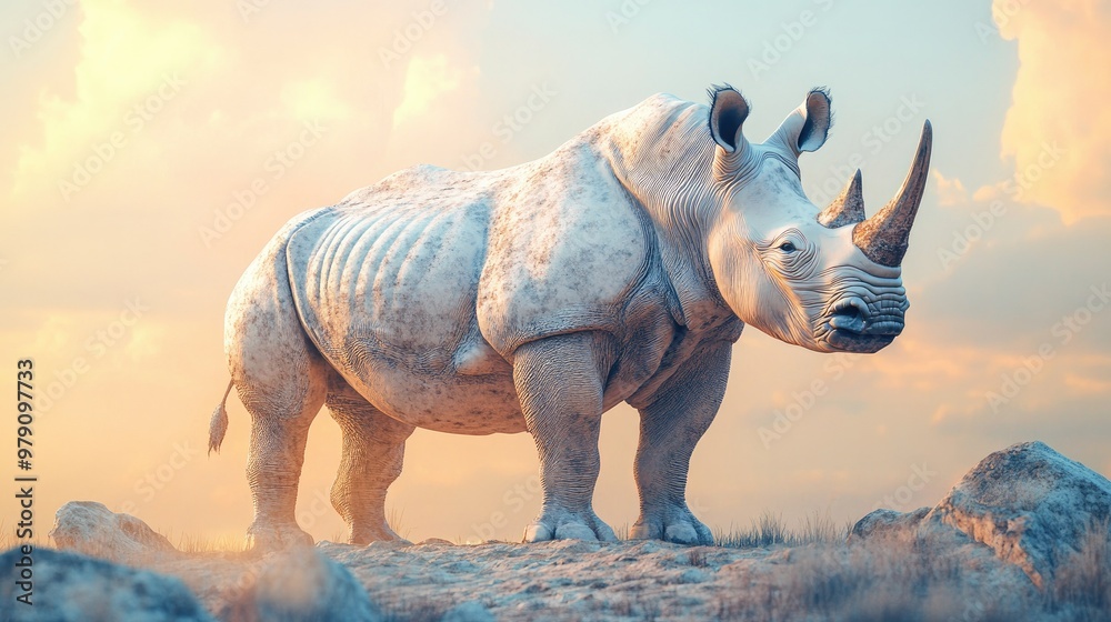 Fototapeta premium A majestic 3D rhinoceros with a soft pastel background on the right, showcasing the power and resilience of this endangered zoo species