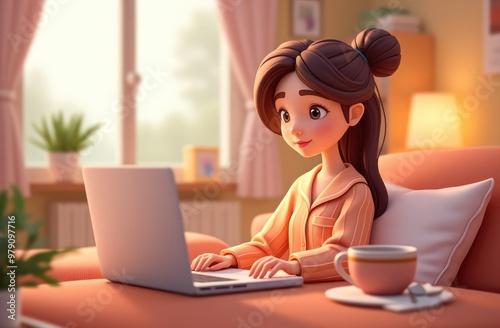 funny illustration of female freelancer in pajamas, working from home on laptop with coffee mug photo