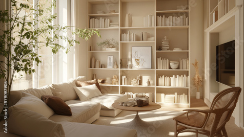 A cozy living room with beige furniture  built-in bookshelves  and simple decorations. The room has a light and airy feel  showcasing a minimalist design style.