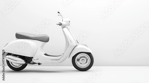 "A modern mockup of an urban white moped, presented on a white background in a clean 3D illustration. The moped features a streamlined, minimalist design with smooth curves and sleek details