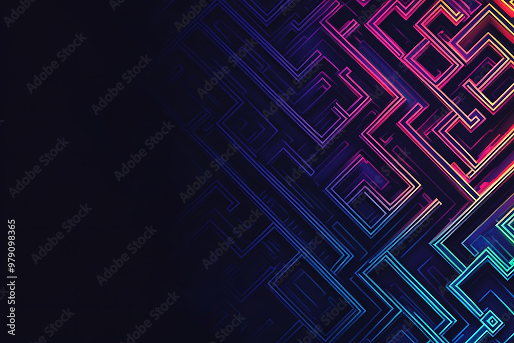 A vector graphic featuring an intricate maze pattern in vibrant neon shades of blue and dark blue on a black background. The angled design adds depth, creating a visually striking abstract composition A vector graphic featuring an intricate maze pattern in vibrant neon shades of blue and dark blue on a black background. The angled design adds depth, creating a visually striking abstract composition