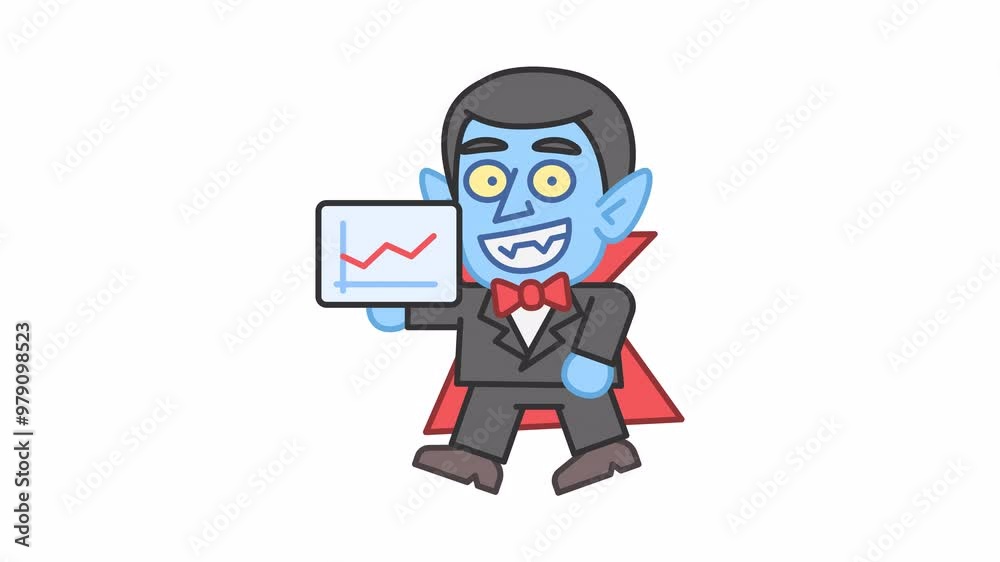 Vampire holds digital tablet with business chart and walks. Alpha channel Vampire holds digital tablet with business chart and walks. Alpha channel