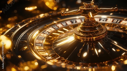 Golden Roulette Wheel in Motion with Blurred Background of Flying Coins and Sparkling Lights in a Casino Setting