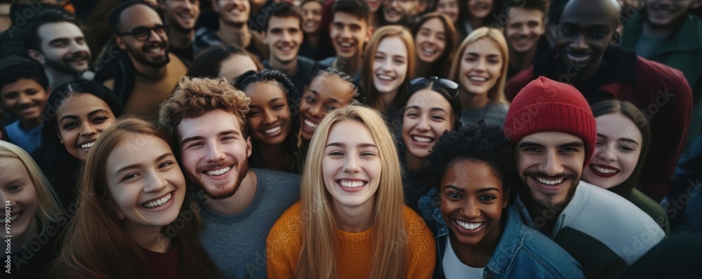 A group portrait of a diverse group of smiling young people person laughing together.