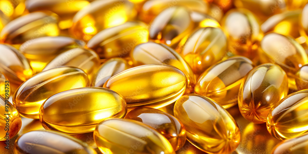 Close-up of shiny golden omega-3 fish oil capsules, symbolizing health and wellness, omega-3, fish oil, capsules Close-up of shiny golden omega-3 fish oil capsules, symbolizing health and wellness, omega-3, fish oil, capsules