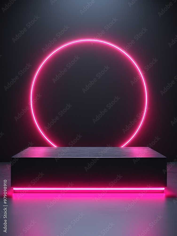 an empty dark podium with pink neon lighting and a levitation effect. a demonstration scene. the stage for the presentation an empty dark podium with pink neon lighting and a levitation effect. a demonstration scene. the stage for the presentation