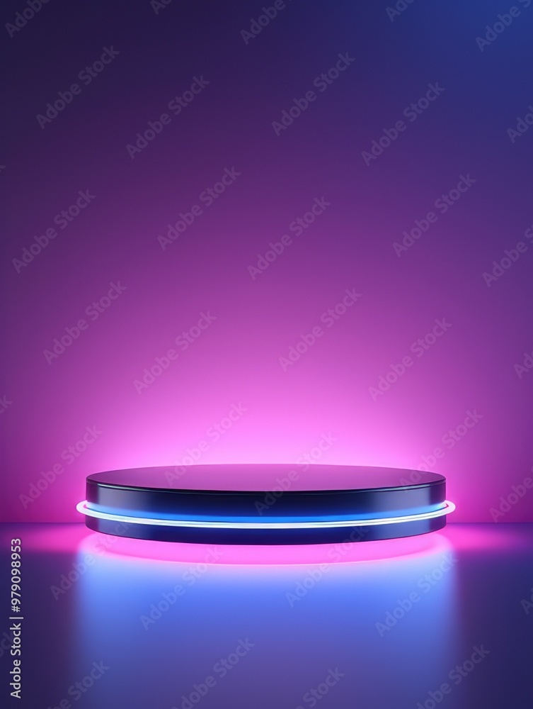 a empty podium with neon lighting and a levitation effect. The purple demonstration scene. presentation stage a empty podium with neon lighting and a levitation effect. The purple demonstration scene. presentation stage