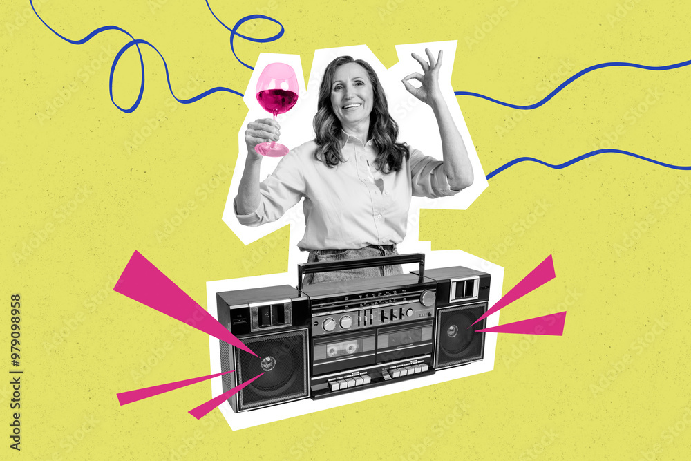 Φωτογραφία Composite photo collage of happy old woman hold wineglass weekend party boombox