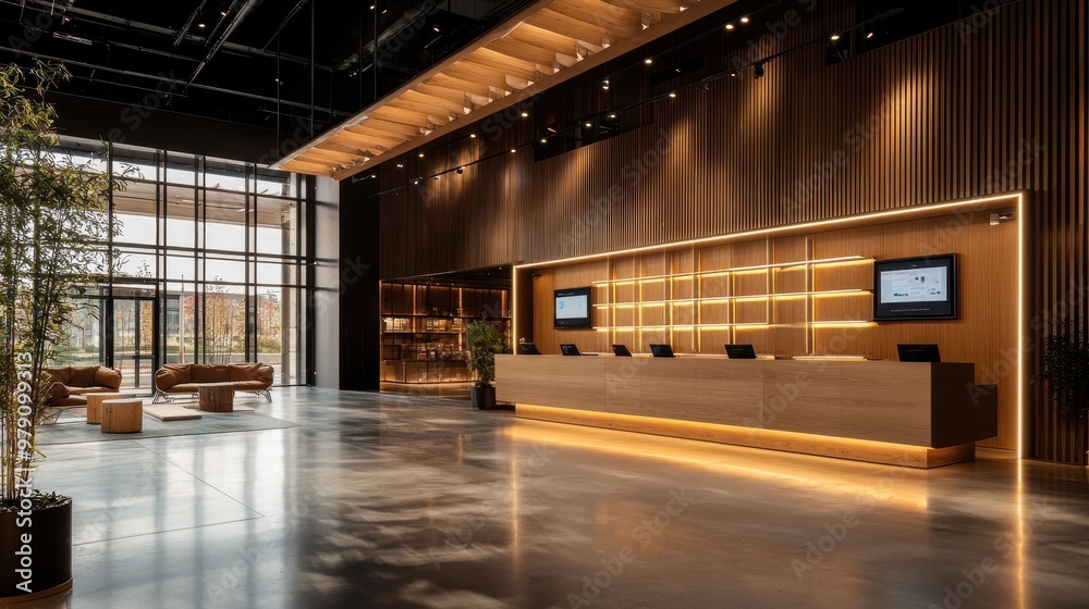 Modern Hotel Lobby Reception Desk with Wood Paneling and Illuminated Shelves Modern Hotel Lobby Reception Desk with Wood Paneling and Illuminated Shelves