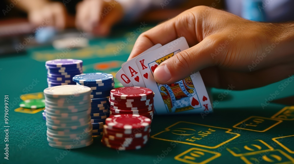 Close-Up of Poker Player Holding Cards and Stacks of Chips on Green Casino Table During Game Close-Up of Poker Player Holding Cards and Stacks of Chips on Green Casino Table During Game