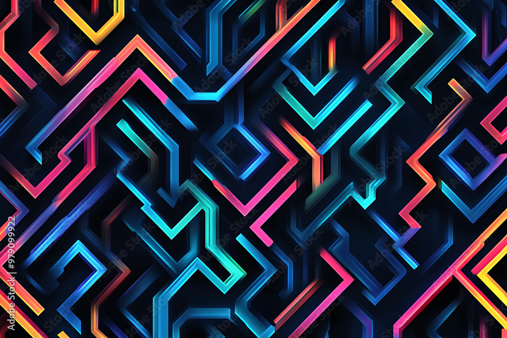 A vector graphic featuring an intricate maze pattern in vibrant neon shades of blue and dark blue on a black background. The angled design adds depth, creating a visually striking abstract composition A vector graphic featuring an intricate maze pattern in vibrant neon shades of blue and dark blue on a black background. The angled design adds depth, creating a visually striking abstract composition