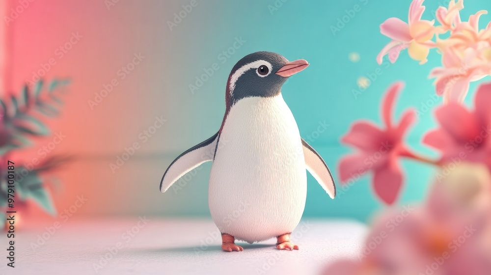 Fototapeta premium A playful 3D penguin with a soft pastel background on the right, showcasing the cute and endearing nature of zoo penguins
