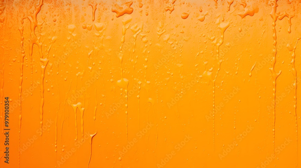A vibrant orange background with water droplets creating a textured effect.