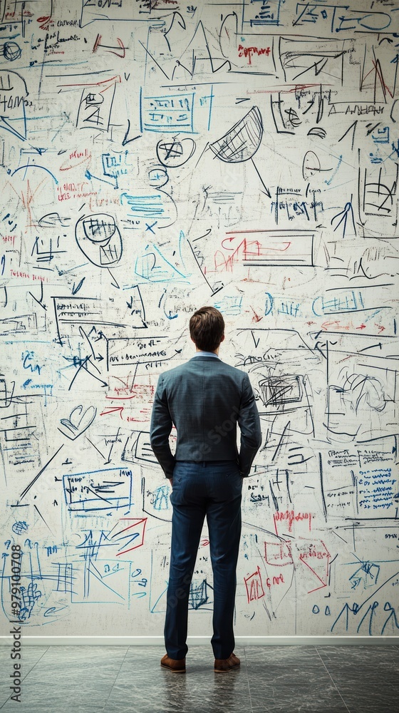 A man in a suit analyzes a wall covered in colorful sketches and notes. A man in a suit analyzes a wall covered in colorful sketches and notes.