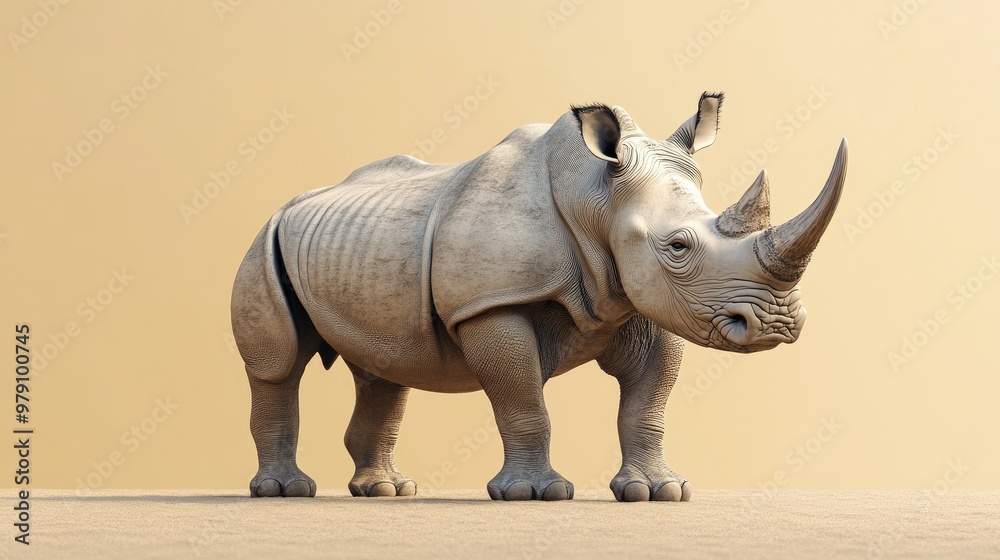 Fototapeta premium A powerful 3D rhinoceros, with a soft pastel background on the right, symbolizing the strength and resilience of these massive zoo animals