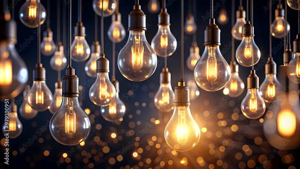 Background of floating light bulbs with glowing filaments, ethereal, glow, light bulbs, floating, background Background of floating light bulbs with glowing filaments, ethereal, glow, light bulbs, floating, background