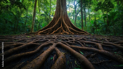 A majestic tree with sprawling roots in a lush green forest. photo