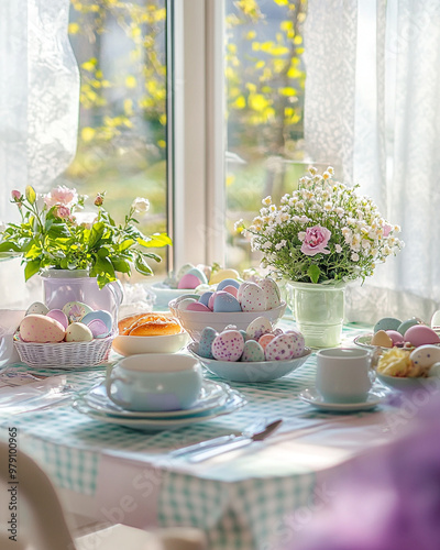 Easter brunch table setup with pastel-colored decorations, eggs, and spring flowers, bright sunlight illuminating the scene, fresh and cheerful atmosphere.