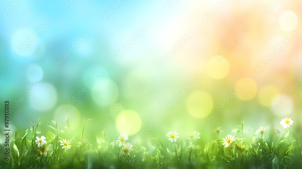 Obraz premium Abstract Blurred Background with White Daisies in a Green Meadow