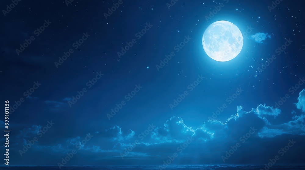 Fototapeta premium A serene blue night sky features a glowing full moon surrounded by soft clouds and twinkling stars, evoking calmness and beauty.