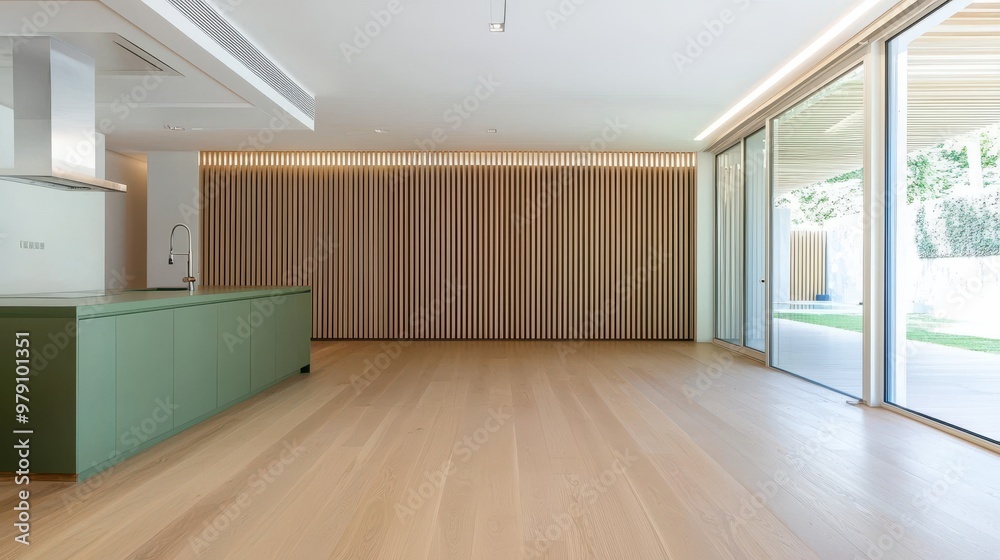 Fototapeta premium Modern Kitchen Interior With Green Cabinets And Wood Wall