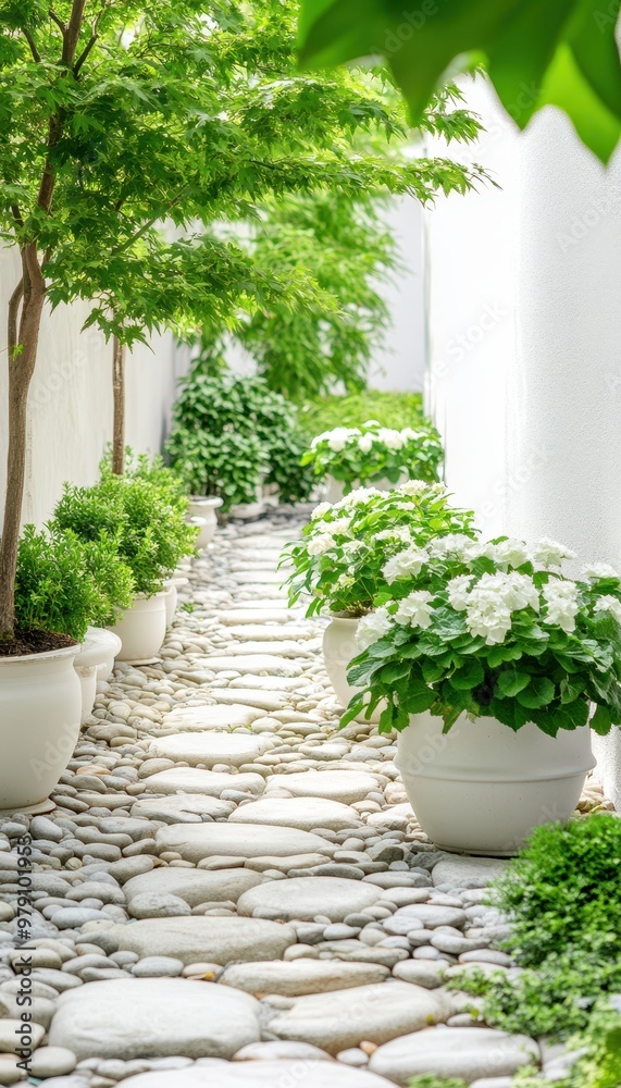 A serene garden pathway lined with lush greenery and decorative pots, ideal for evoking tranquility and natural beauty.