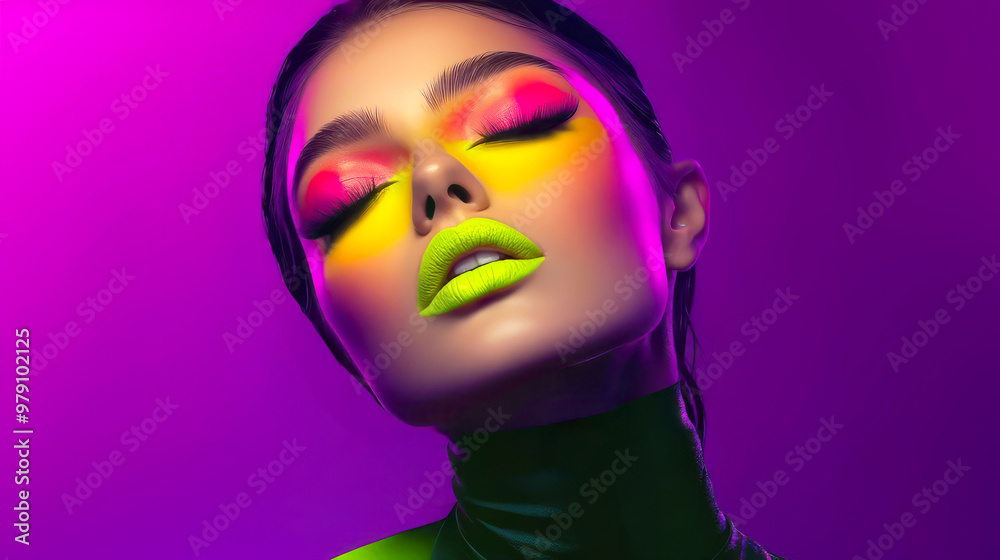 Fashion woman with neon makeup and yellow lips. Bold futuristic beauty cosmetics trends. Vibrant purple pink background Fashion woman with neon makeup and yellow lips. Bold futuristic beauty cosmetics trends. Vibrant purple pink background
