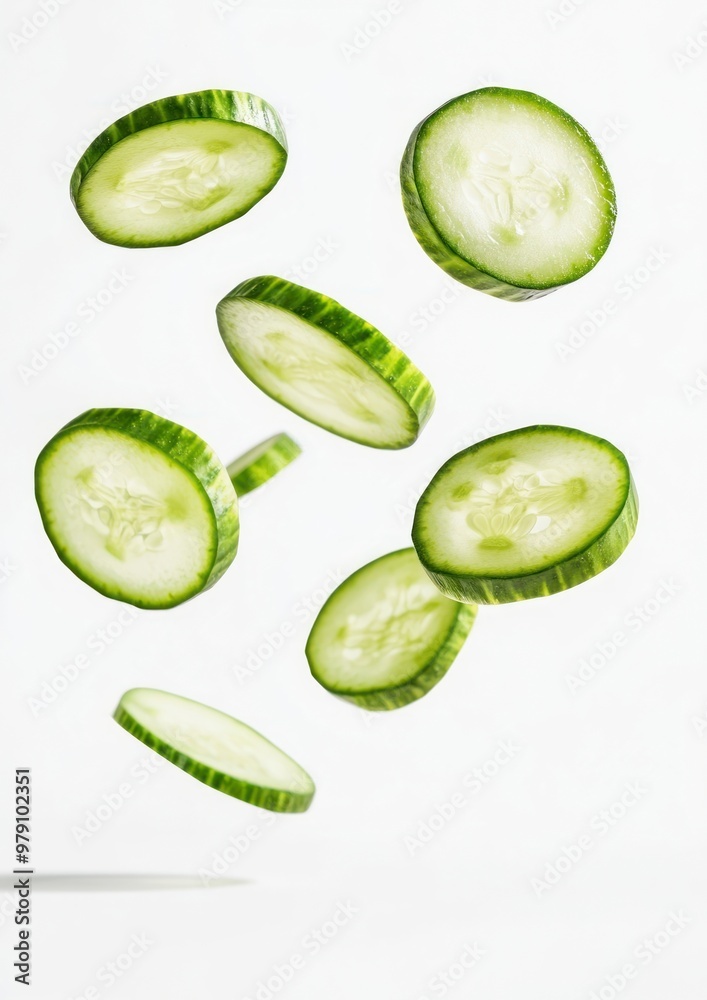 Cucumber slices vegetables floating produce. Cucumber slices vegetables floating produce.