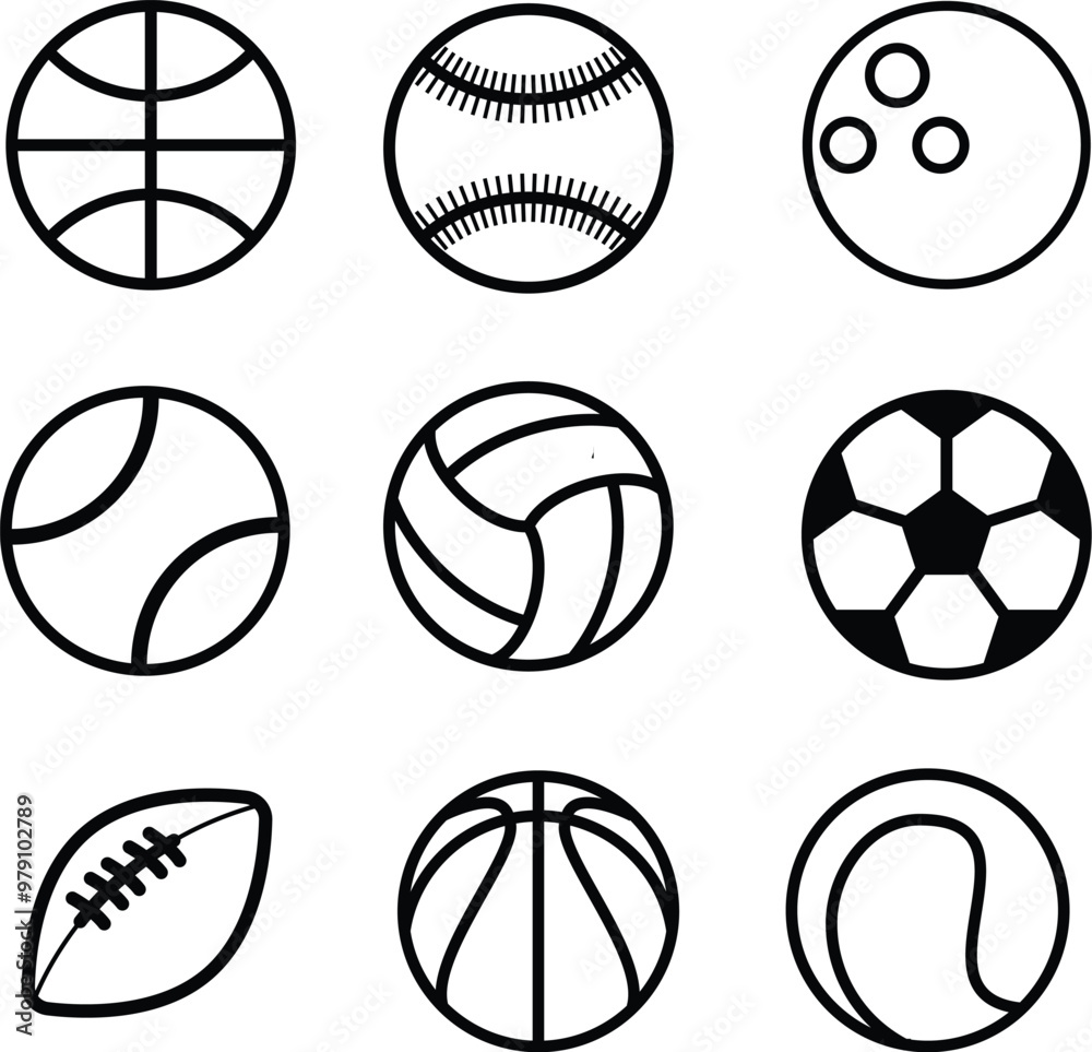 Set of black and white cartoon sports ball icons stock illustration Set of black and white cartoon sports ball icons stock illustration