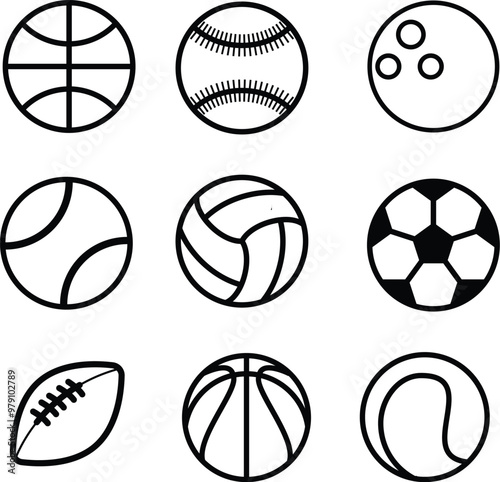 Set of black and white cartoon sports ball icons stock illustration