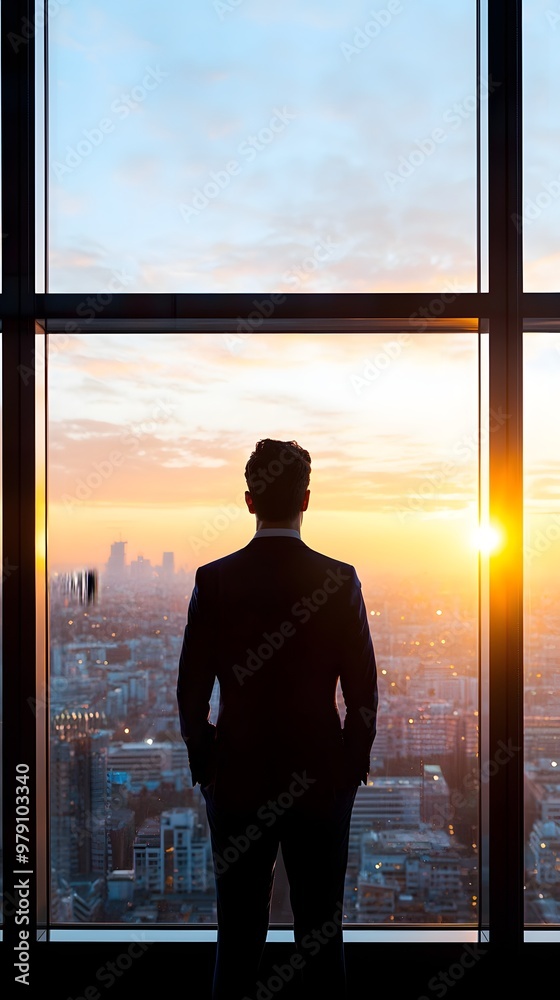Contemplative Businessman Watching Sunrise from High-Rise Window, Future Possibilities and City Skyline Reflection, New Beginnings