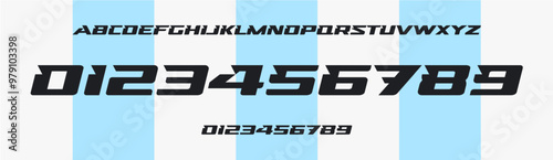 Modern race typography, angular sans serif numbers and letters, powerful font for sports branding, jersey numbers, team merchandise. Vector typeset