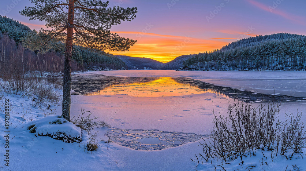 Fototapeta premium Tranquil Reflections, Frozen Lake Mirrors the Stunning Beauty of the Sky