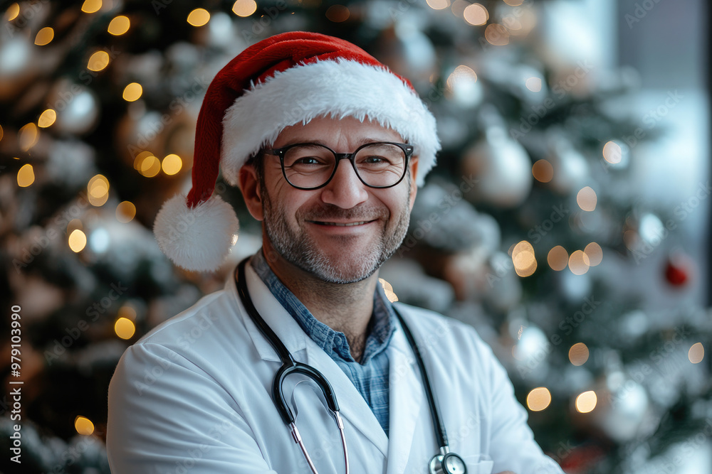 Cheerful doctor in a santa hat smiles next to a festive christmas tree, radiating holiday warmth and wellness.Happy New Year and Merry Christmas! Cheerful doctor in a santa hat smiles next to a festive christmas tree, radiating holiday warmth and wellness.Happy New Year and Merry Christmas!