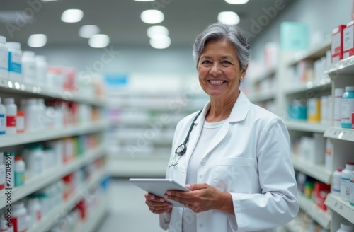 Smiling female pharmacist, grey hair, dressed in white medical suit, holding digital tablet