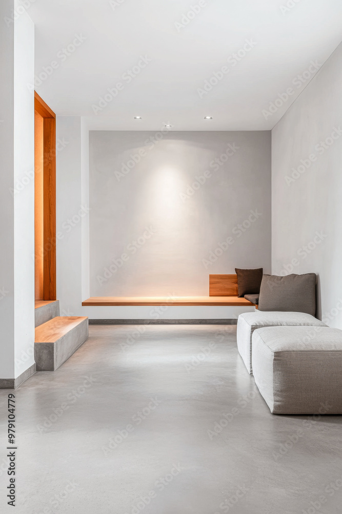 A minimalist living room with natural light highlighting wooden accents and a serene color palette in a modern home setting A minimalist living room with natural light highlighting wooden accents and a serene color palette in a modern home setting