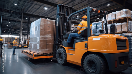 Forklift operator moving a large pallet of goods in a warehouse as another worker stands by, surrounded by stacked pallets and industrial equipment.