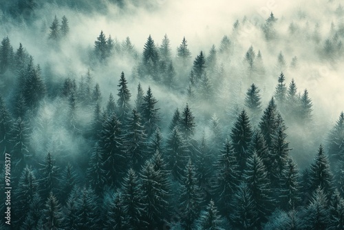 A misty forest landscape with tall trees nature fog vegetation.