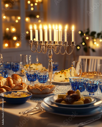 A festive table setup for a Hanukkah celebration, menorah with lit candles, traditional food, and blue and white decorations, soft warm lighting. photo