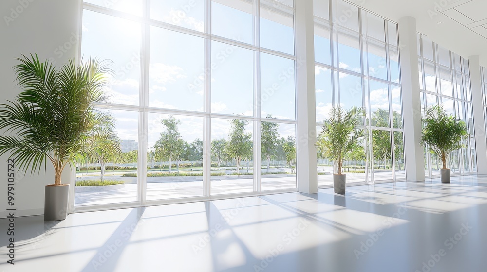Modern Office Interior with Large Windows  Plants  and Sunbeams