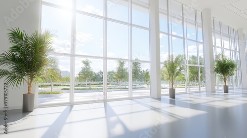 Modern Office Interior with Large Windows Plants and Sunbeams