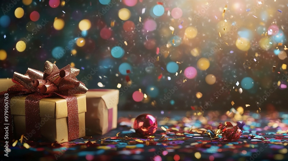 Christmas decorations background with gift boxes, confetti and bokeh. generative ai Christmas decorations background with gift boxes, confetti and bokeh. generative ai