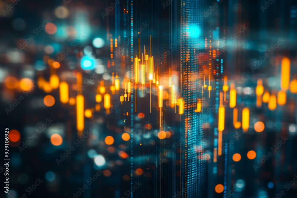 Fototapeta premium Creative glowing big data forex candlestick chart on blurry city background. Trade, technology, investment and analysis concept.